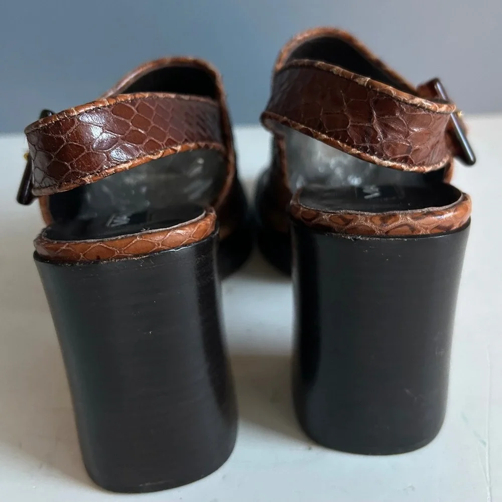 Y2K Via Spiga Patchwork Snakeskin Slingback Block Heel Sandal Brown Size 7 Italy